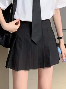 Rok Lipit Polos Kasual Hitam - Hitam - View 3