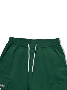 Manfinity Homme Men Letter Graphic Flap Pocket Drawstring Waist Cargo Trousers - Dark Green - View 5