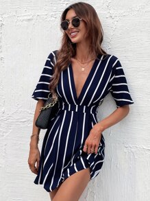 Calvaya Vestido con cuello en pico, pliegues y detalles a rayas - Azul Marino - Ver 1