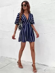 Calvaya Vestido con cuello en pico, pliegues y detalles a rayas - Azul Marino - Ver 6