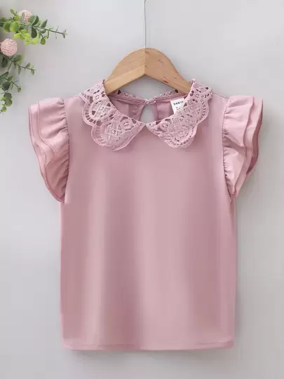 Elladie kids Young Girl Contrast Lace Collar Layered Sleeve Blouse