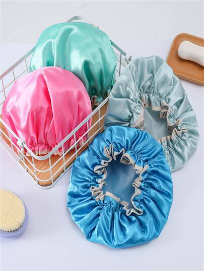 1pc Solid Color Shower Cap, Modern Fabric Double Waterproof Layer Shower Cap For Bathroom