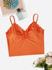 SHEIN EZwear Contrast Lace Ruched Cami Top - Orange - View 1