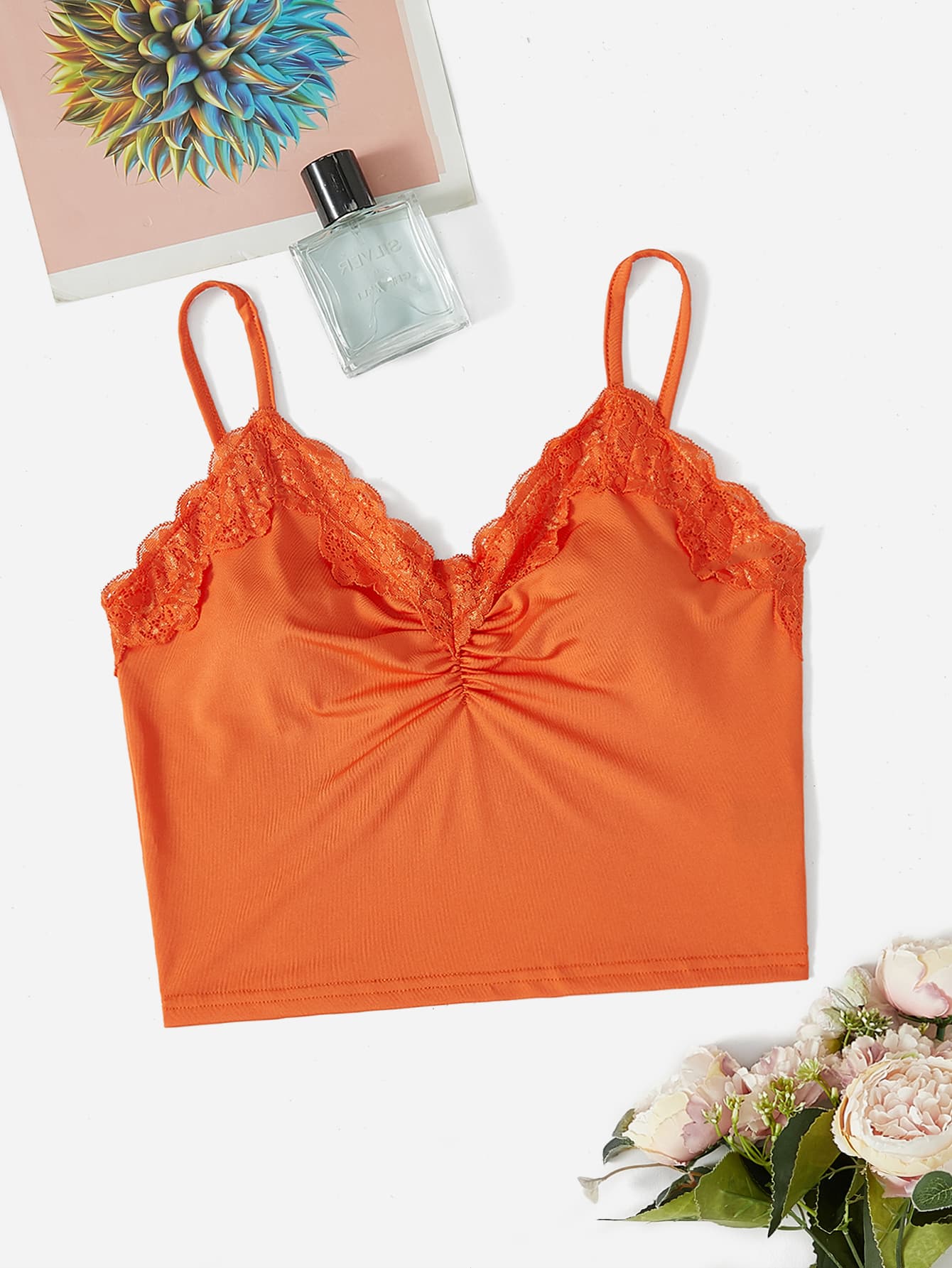 SHEIN EZwear Contrast Lace Ruched Cami Top - Orange - View 1