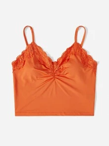 SHEIN EZwear Contrast Lace Ruched Cami Top - Orange - View 4
