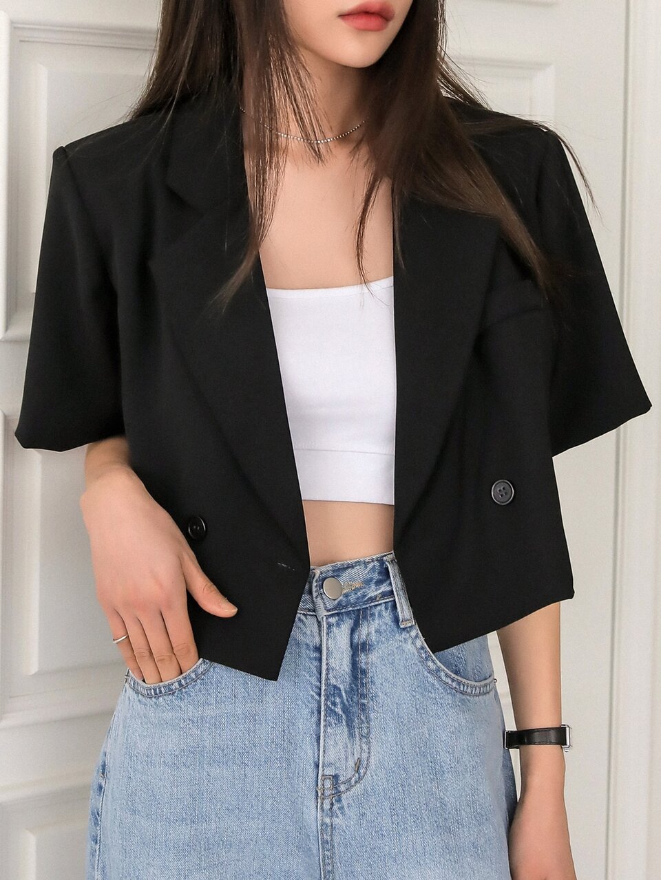1pc Business Casual Women Solid Color Lapel Neck Short Sleeve Double Breasted Loose Blazer Jacket