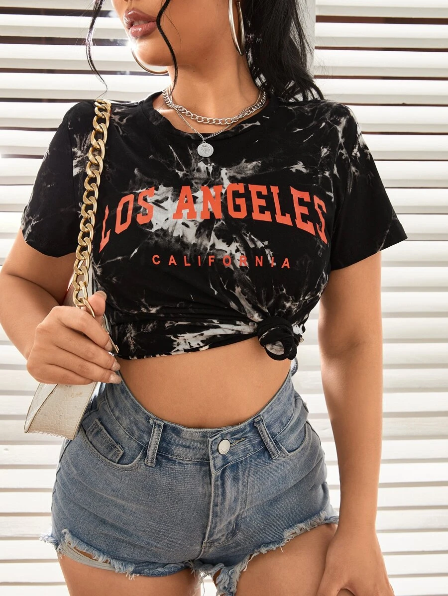 SHEIN EZwear Tie Dye and Letter Graphic Tee - Light Grey - View 1