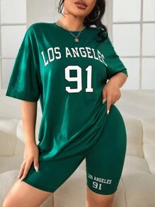 SHEIN EZwear 2 pièces Ensemble t-shirt et short imprimé lettres et chiffres verts - Vert - Voir 2