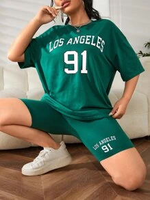 SHEIN EZwear 2 pièces Ensemble t-shirt et short imprimé lettres et chiffres verts - Vert - Voir 3