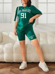 SHEIN EZwear 2 pièces Ensemble t-shirt et short imprimé lettres et chiffres verts - Vert - Voir 5