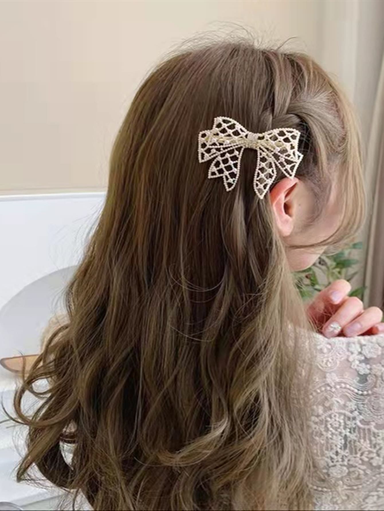 Phụ kiện tóc dành cho nữ, Kẹp tóc nơ trang trí bằng kim cương & ngọc trai lấp lánh - Vàng - Xem 1