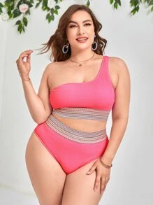 Plus Size Striped Trim One Shoulder Bikini Set Summer Beach - Pink - View 1