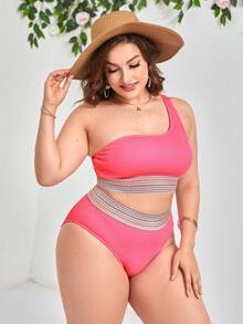 Plus Size Striped Trim One Shoulder Bikini Set Summer Beach - Pink - View 4