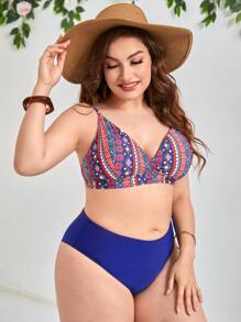 Conjunto de bikini talla grande con diseño geométrico de cintura alta para playa en el verano - Multicolor - Ver 1