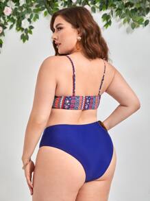 Conjunto de bikini talla grande con diseño geométrico de cintura alta para playa en el verano - Multicolor - Ver 2
