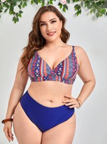 Conjunto de bikini talla grande con diseño geométrico de cintura alta para playa en el verano - Multicolor - Ver 3