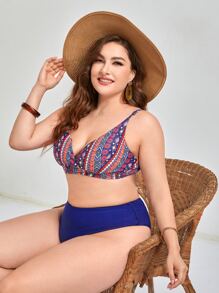 Conjunto de bikini talla grande con diseño geométrico de cintura alta para playa en el verano - Multicolor - Ver 4