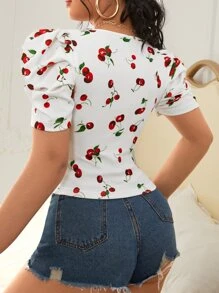 SHEIN Privé Cherry Print Puff Sleeve Blouse,Short Sleeve Tops - White - View 3