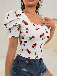 SHEIN Privé Cherry Print Puff Sleeve Blouse,Short Sleeve Tops - White - View 4
