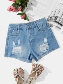 破洞拉鏈門襟牛仔短褲