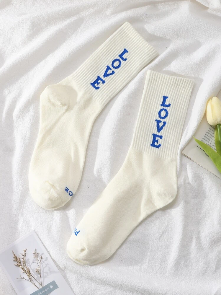 1 Pair Unisex Simple Versatile College Style Student Socks, Skateboard And Sports Socks, Love Design Mid-Calf Socks For Couples, Everyday Wear, Blue Color - White - View 2