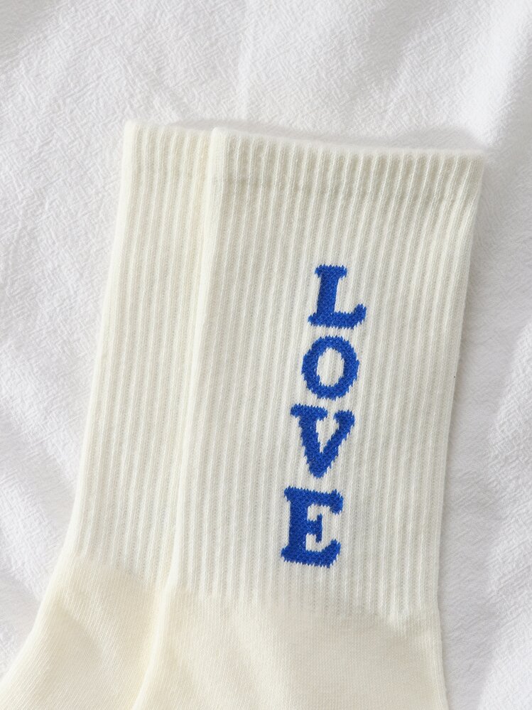 1 Pair Unisex Simple Versatile College Style Student Socks, Skateboard And Sports Socks, Love Design Mid-Calf Socks For Couples, Everyday Wear, Blue Color - White - View 4