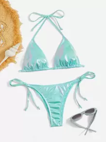 Swim Mod Summer Beach Metallic Bikini Set Halter Triangle Bra Top & Tie Side Bikini Bottom 2 Piece Bathing Suit - Mint Blue - View 1