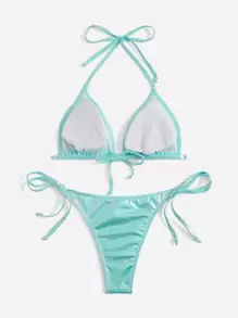 Swim Mod Summer Beach Metallic Bikini Set Halter Triangle Bra Top & Tie Side Bikini Bottom 2 Piece Bathing Suit - Mint Blue - View 2
