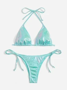 Swim Mod Summer Beach Metallic Bikini Set Halter Triangle Bra Top & Tie Side Bikini Bottom 2 Piece Bathing Suit - Mint Blue - View 3