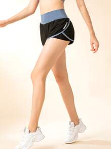 Wide Waistband 2 In 1 Sports Shorts - Black - View 1