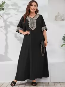 Al Najma Plus Embroidery V Neck Maxi Tunic Dress