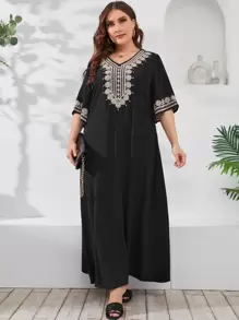Al Najma Plus Embroidery V Neck Maxi Tunic Dress