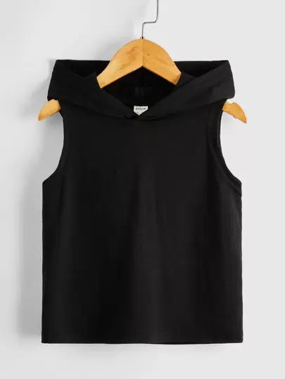 SHEIN Young Boy Solid Color Hooded Top Casual Short Sleeve Top, Suitable For Summer