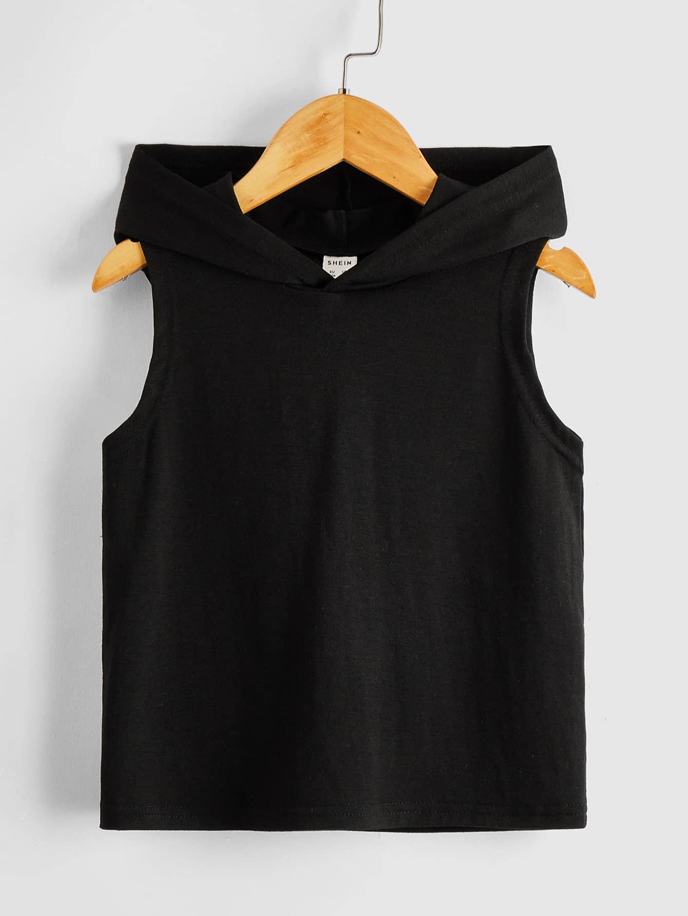 SHEIN Young Boy Solid Color Hooded Top Casual Short Sleeve Top, Suitable For Summer - Black - View 1