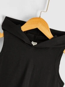 SHEIN Young Boy Solid Color Hooded Top Casual Short Sleeve Top, Suitable For Summer - Black - View 4
