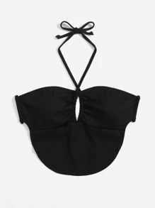 Cut Out Tie Back Halter Bikini Top - Black - View 1