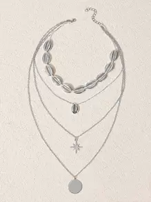 SHEIN VCAY 圓形和貝殼墜飾多層次項鍊 - 銀色 - 查看 1