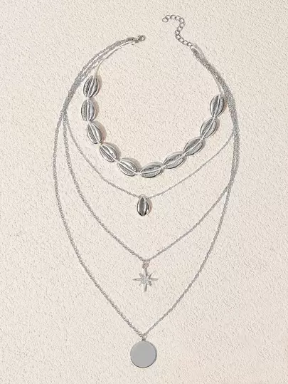 SHEIN VCAY 圓形和貝殼墜飾多層次項鍊