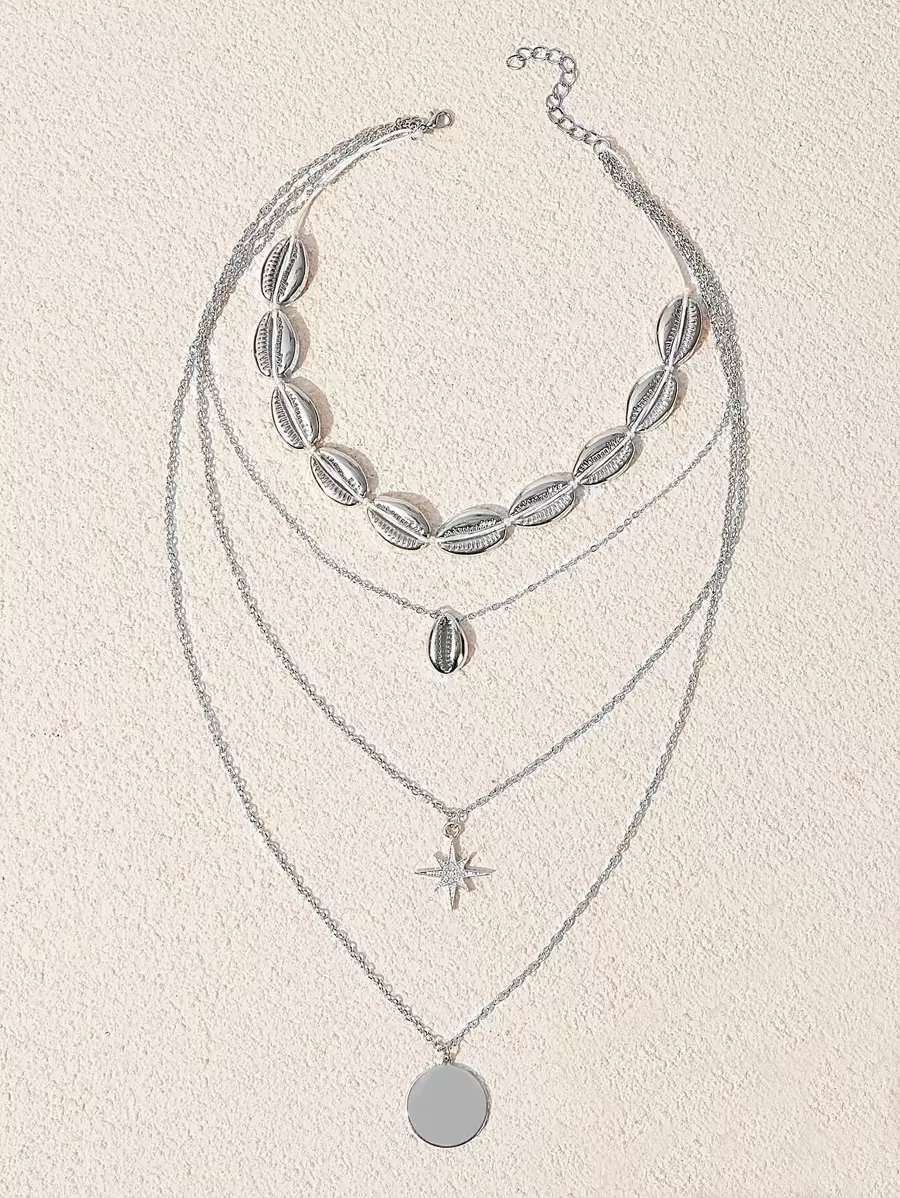 SHEIN VCAY 圓形和貝殼墜飾多層次項鍊 - 銀色 - 查看 1