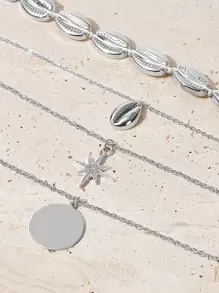 SHEIN VCAY 圓形和貝殼墜飾多層次項鍊 - 銀色 - 查看 3