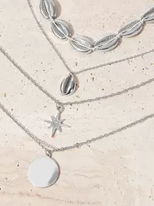 SHEIN VCAY 圓形和貝殼墜飾多層次項鍊 - 銀色 - 查看 4