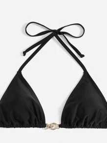 SHEIN Swim Summer Beach O-Ring Detail Halter Triangle Thong Bikini - Black - View 3