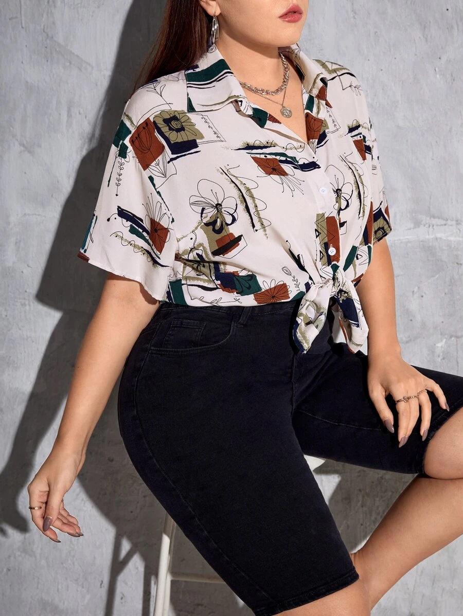 SHEIN EZwear Plus Floral Print Button Front Shirt - Multicolor - View 1