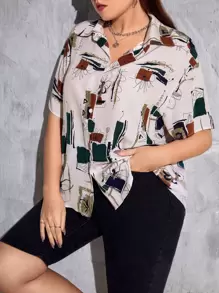 SHEIN EZwear Plus Floral Print Button Front Shirt - Multicolor - View 3