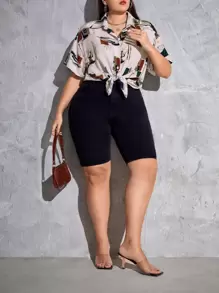 SHEIN EZwear Plus Floral Print Button Front Shirt - Multicolor - View 4