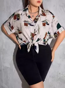 SHEIN EZwear Plus Floral Print Button Front Shirt - Multicolor - View 5