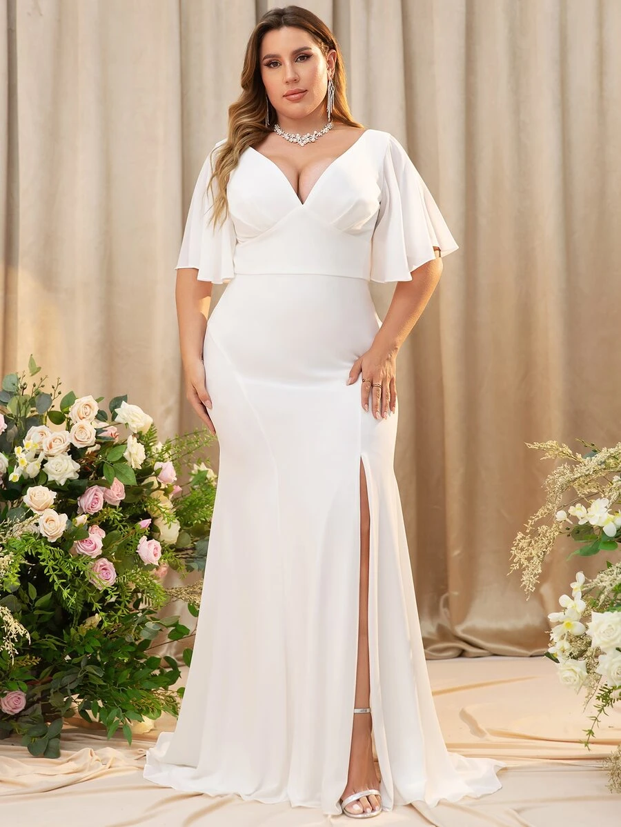 Plus Butterfly Sleeve Split Thigh Chiffon Dress - White - View 1