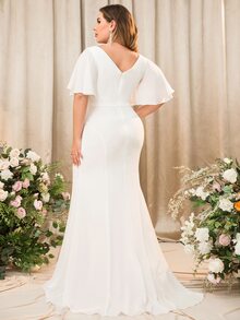 Plus Butterfly Sleeve Split Thigh Chiffon Dress - White - View 2