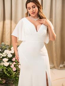 Plus Butterfly Sleeve Split Thigh Chiffon Dress - White - View 3