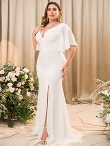 Plus Butterfly Sleeve Split Thigh Chiffon Dress - White - View 6